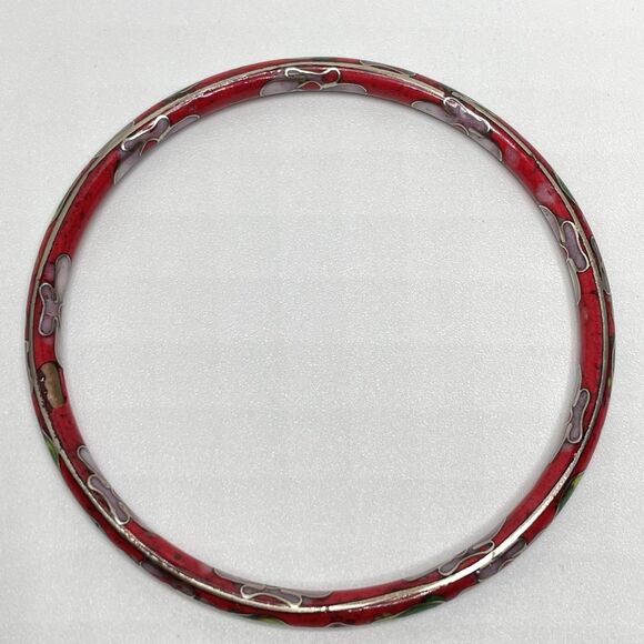Vintage Cloisonne Enamel Floral Bangle Bracelet 7.5" Red Pink Green Metal - Picture 6 of 6